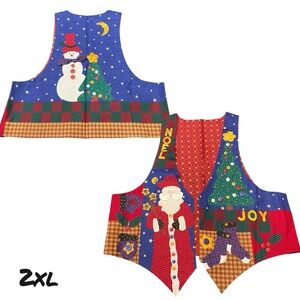 VTG 90s Handmade Quilted Vest Women Patchwork Winter Snowman Christmas Santa 2XL